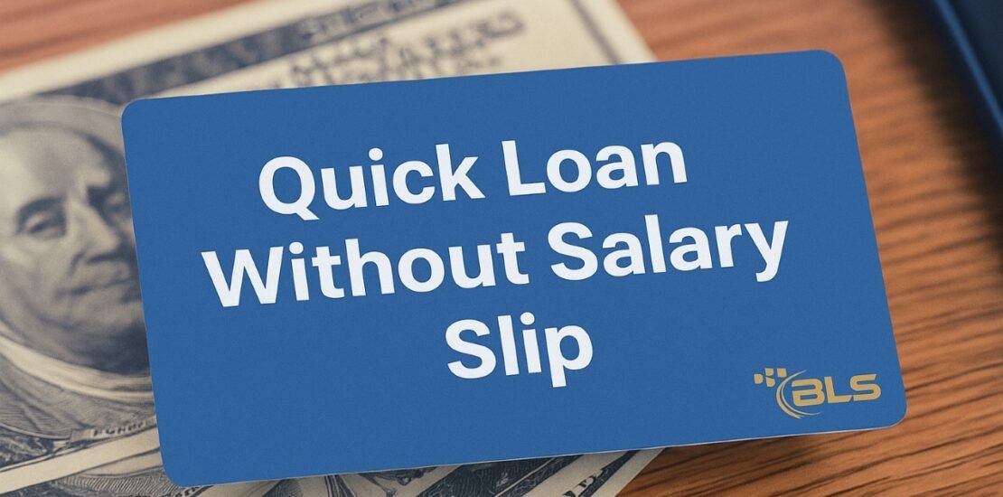 Instant online loan without salary slip banner with cash background and BLS branding.